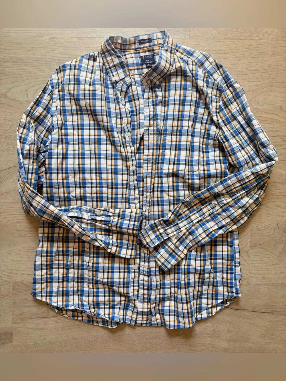 J. Crew Men’s Blue and Yellow Plaid Classic Flex Washed Button-Down Shirt Sz XL